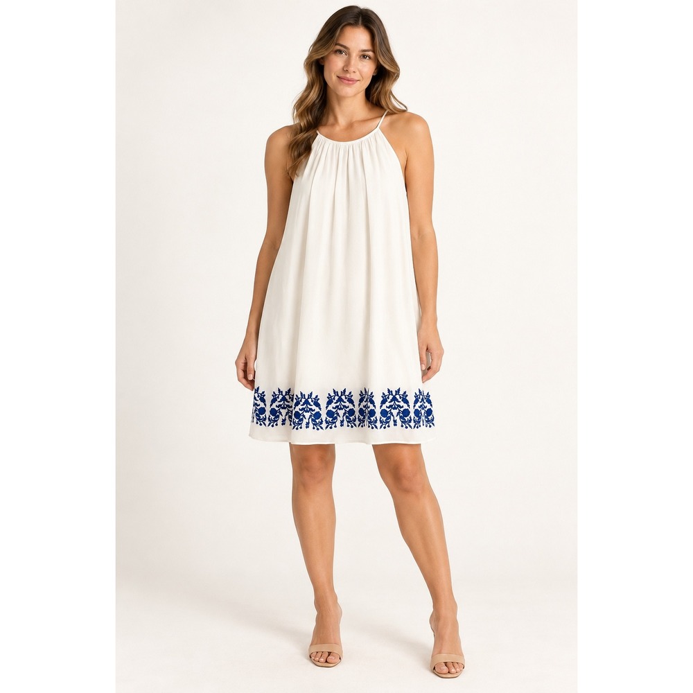 Gianni Bini Womens White Blue Floral Embroidered Halter Neck Shift Mini Dress L